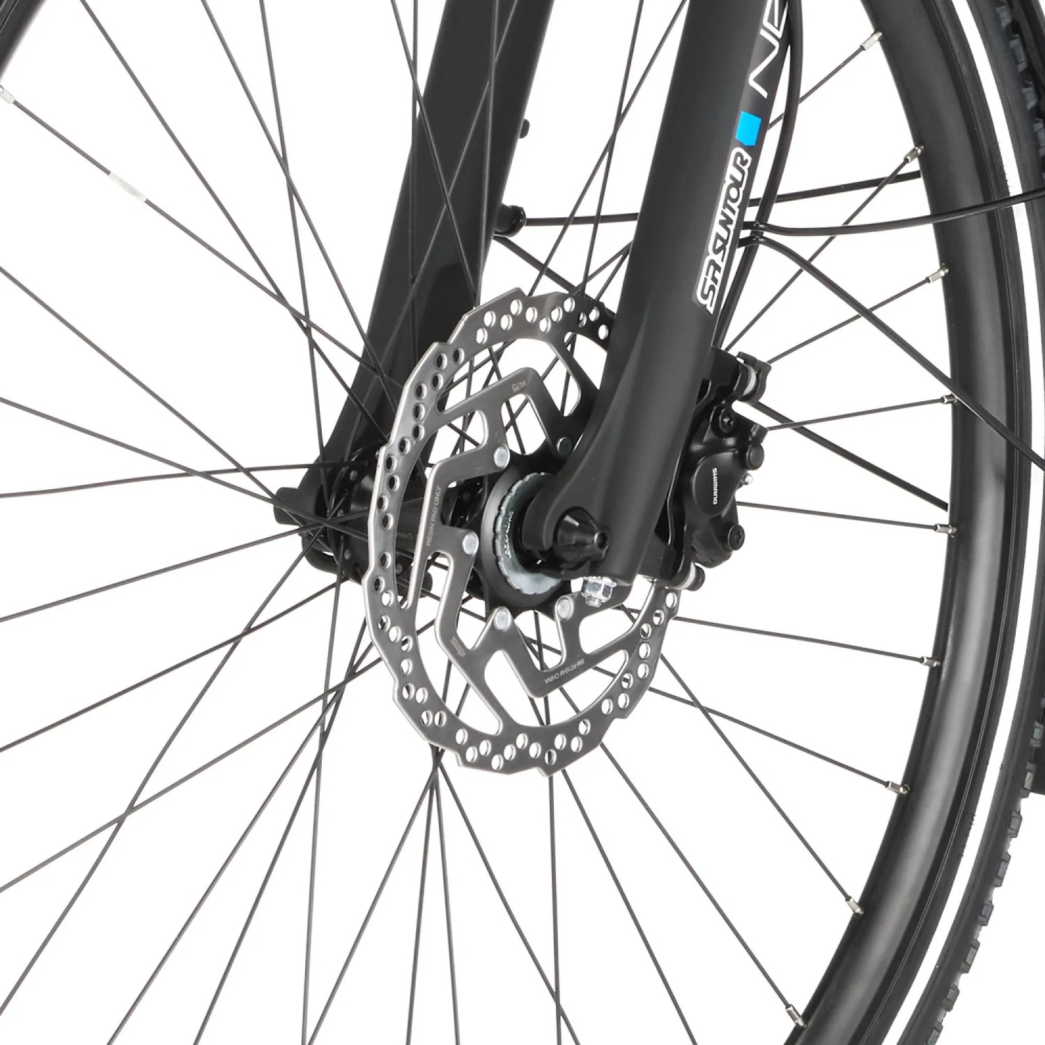 Detailaufnahme: Vorderrad mit Scheibenbremse des Fischer E-Bike Trekking-Rad Viator 4.1i Damen.