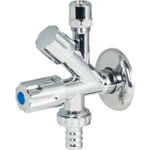 Verchromtes Waschgeräte-Eckventil mit Schlauchverschraubung und zwei Handgriffen.