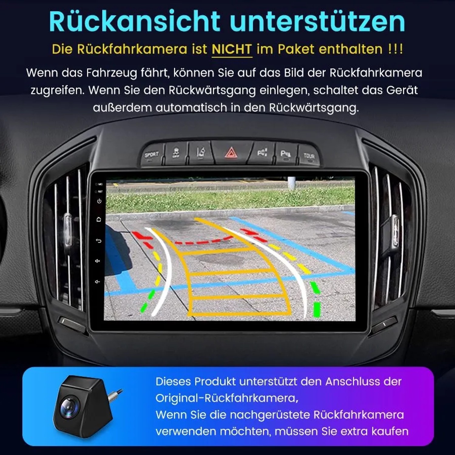 Junsun 9 Zoll Autoradio im Opel Insignia mit aktivem Rückfahrkamera-Display und farbigen Parkhilfslinien. Kamera separat erhältlich.