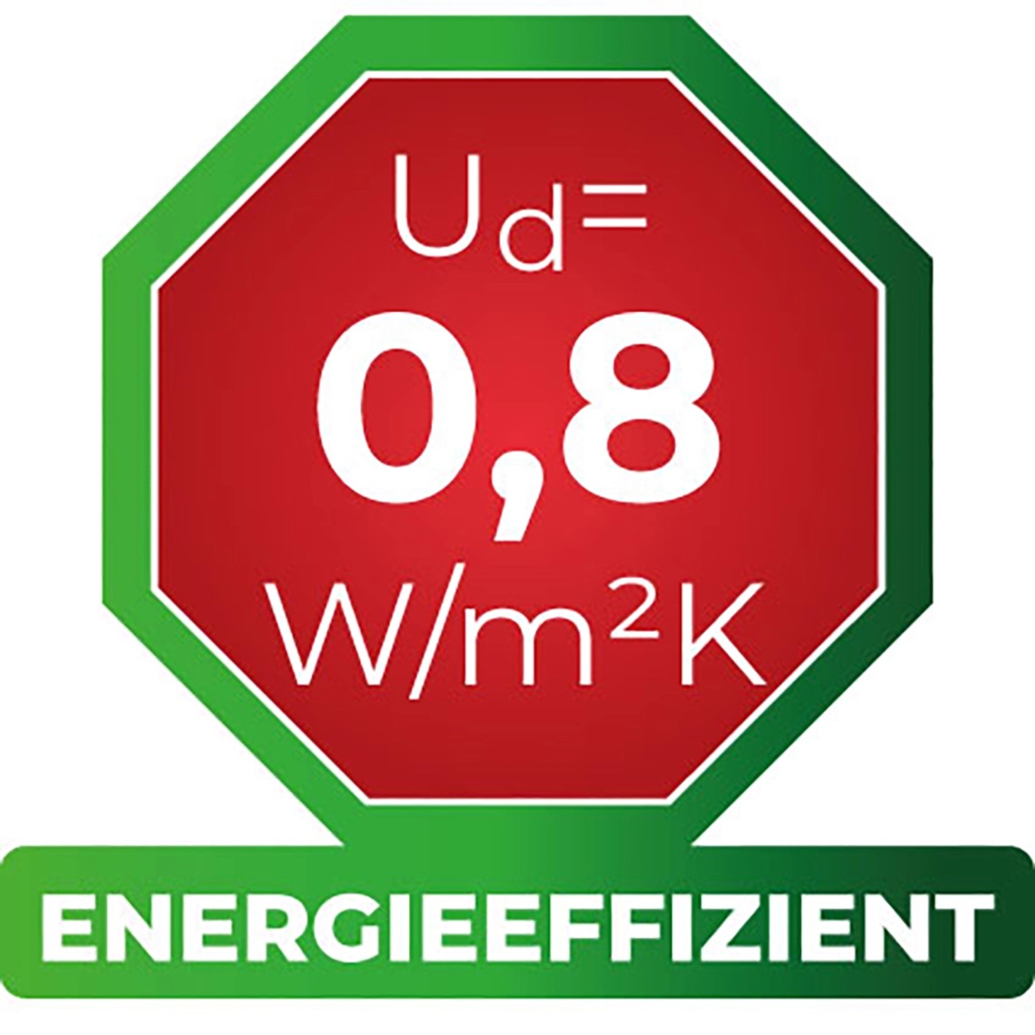 Energieeffizientes Nebeneingangstür-Symbol mit Ud-Wert 0,8 W/m²K.