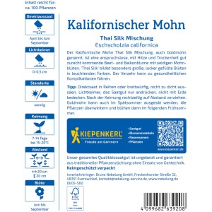Kiepenkerl Kalifornischer Mohn Thai Silk Mischung Saatgutpackung mit Infos zu Aussaat, Standort und Pflege.