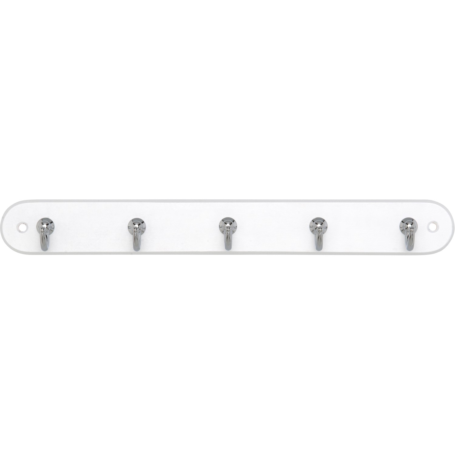 Weiße Siro Schlüsselleiste aus Buchenholz mit 5 Chromhaken, Länge 300 mm.