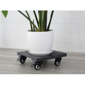 Eckiger, geriffelter Pflanzenroller aus WPC in Anthrazit mit Pflanze im Topf.