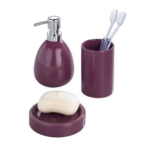 Wenko Bad-Set Polaris Purple: Seifenspender, Zahnputzbecher, Seifenschale, lila Keramik.