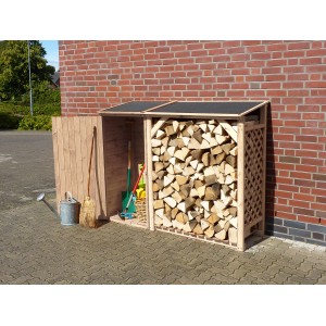 Promadino Kaminholzkombination Speyer aus Kiefernholz, naturbelassen mit Geräteschrank und Kaminholzregal.