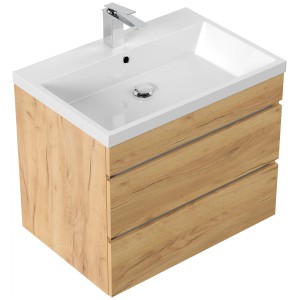 Posseik Badmöbel Fellini 70 in Eiche Gold mit grifflosen Schubladen und Mineralgussbecken.
