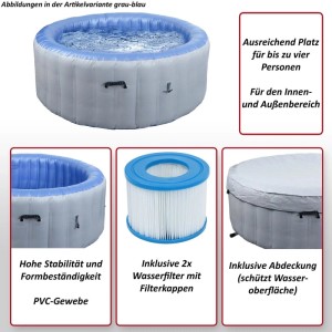 Aufblasbarer Whirlpool N97, rund, grau-weiß, mit Zubehör wie Filter und Abdeckung.