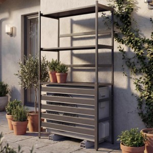 Anthrazitfarbene MCW Aluminium Verkleidung für Klimaanlage/Wärmetauscher mit Regalböden und Pflanzen.