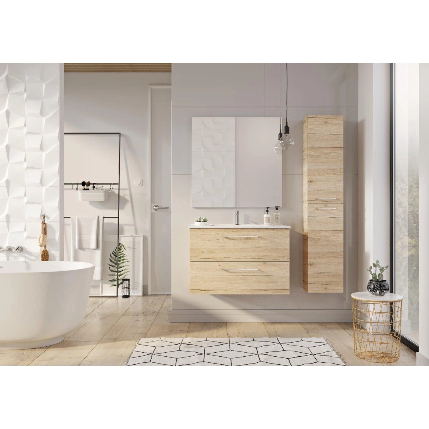 Maximus Waschbeckenunterschrank Stylo Sanremo Eiche, 60 cm, mit zwei Schubladen im Badezimmer.