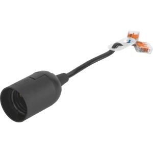 Schwarze E27 Renovierungsfassung mit Kabel und Wago-Klemmen für Lampeninstallation.