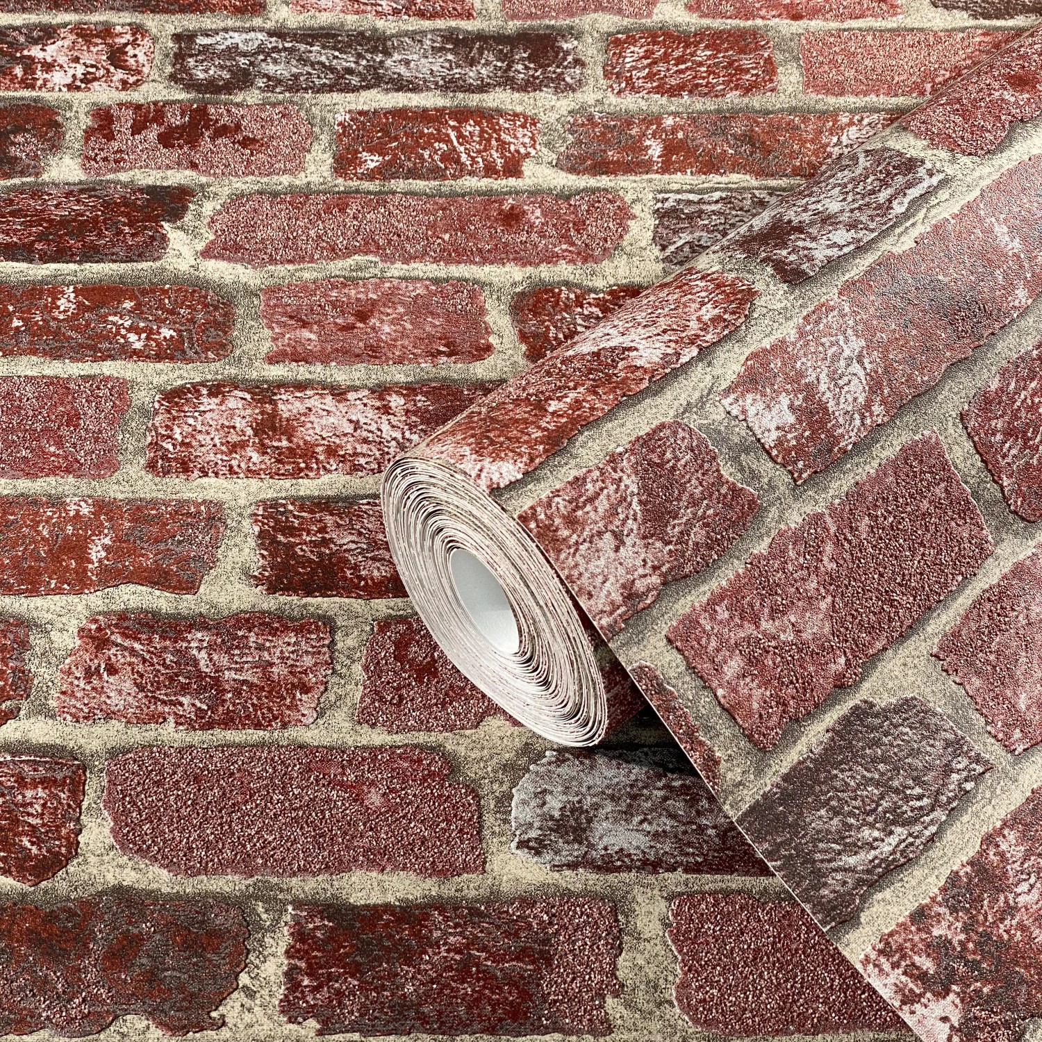 Marburg Vliestapete Imagine in Rot mit Stein- und Holzoptik, Rolle angeschnitten.