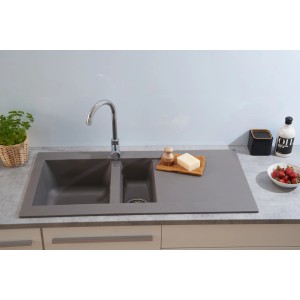 Respekta Mineralite Einbauspüle Denver, 100x50 cm, Betongrau mit zwei Becken und Abtropffläche.