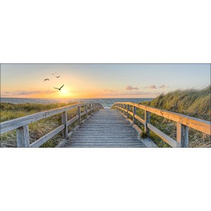 Pro-Art Glasbild: Holzsteg zum Meer im Sonnenuntergang mit Vögeln.