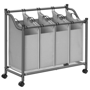 Grauer Songmics Wäschesammler mit 4 Fächern (140 l) und Rollen. Ideal zur Wäsche Sortierung.