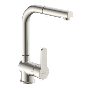 Moderne LONDON Spültisch-Armatur, gebürstetes Metall, Einhebelmischer mit hohem Auslauf und ausziehbarer Brause.