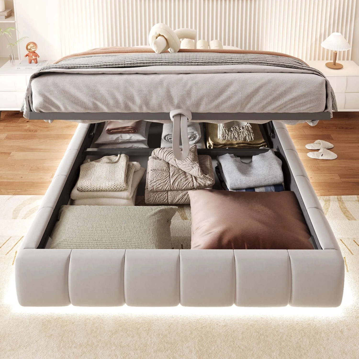 okwish Polsterbett 140x200cm mit LED Beleuchtung und Stauraum Beige ohne Matratze_6
