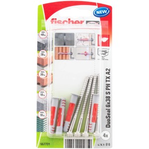 Fischer DuoSeal Dübel 6x38 mm, 4er-Pack, geeignet für Nassbereiche, mit Schrauben.