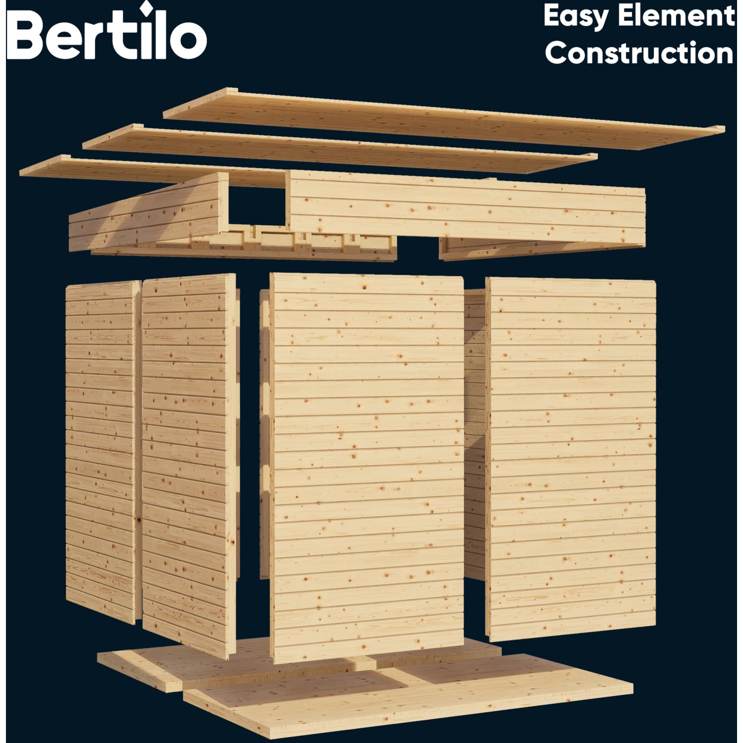 Explosionszeichnung Bertilo Gartenhaus Pentus 1 Natur aus Holz, Elementbauweise.