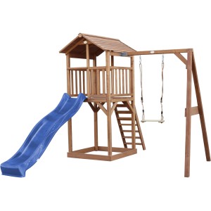 Axi Beach Tower Spielturm mit Schaukel und blauer Rutsche aus Holz.