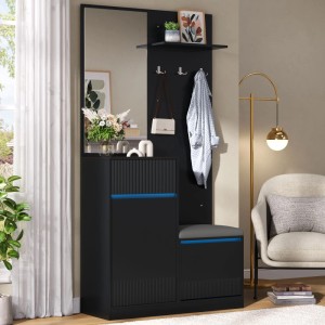 Merax Garderoben Set mit Spiegel Schuhschrank Schuhbank LED Flurmöbel