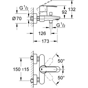 Technische Zeichnung der Grohe QuickFix Wave Cosmopolitan Wannenbatterie mit Maßangaben.