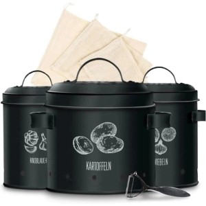 KitchenQuality Kartoffelbox 3er-Set mit Schäler und Beuteln zur Aufbewahrung von Kartoffeln, Zwiebeln und Knoblauch.