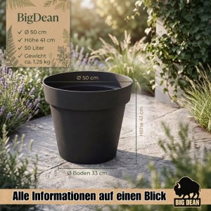 BigDean Blumentopf ca Ø 50 cm Classic Anthrazit Pflanzkübel Groß Außen Mit Wasserspeicher Wetterfester Kunststoff Pflanzkübel Groß Innen