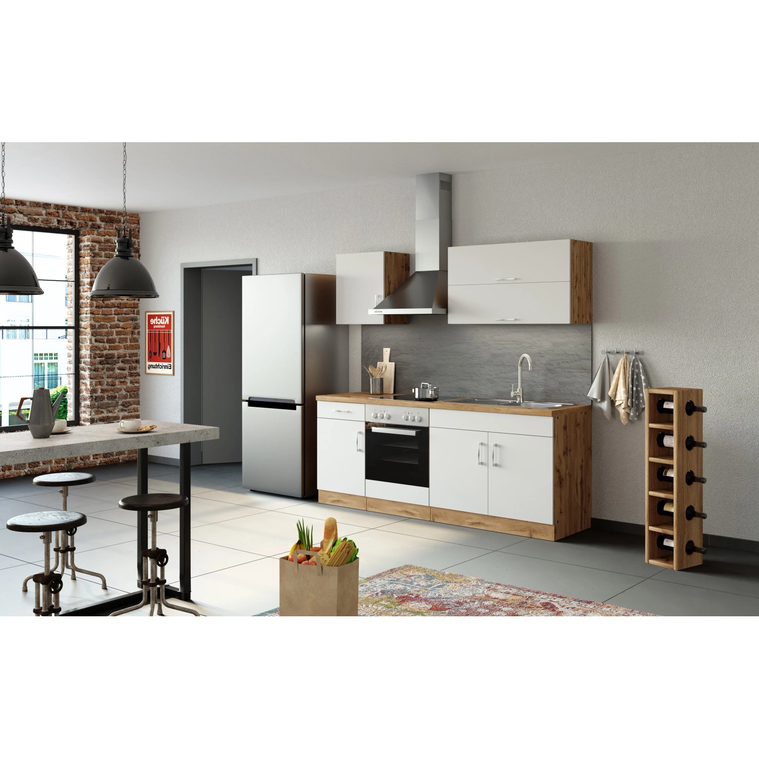 Moderne Küchenzeile Sorrento 210 cm in Weiß-Wotaneiche mit E-Geräten und Spüle.