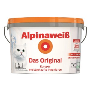 Eimer Alpinaweiß Das Original, 1 Liter, matte weiße Innenfarbe mit Katze auf dem Etikett.