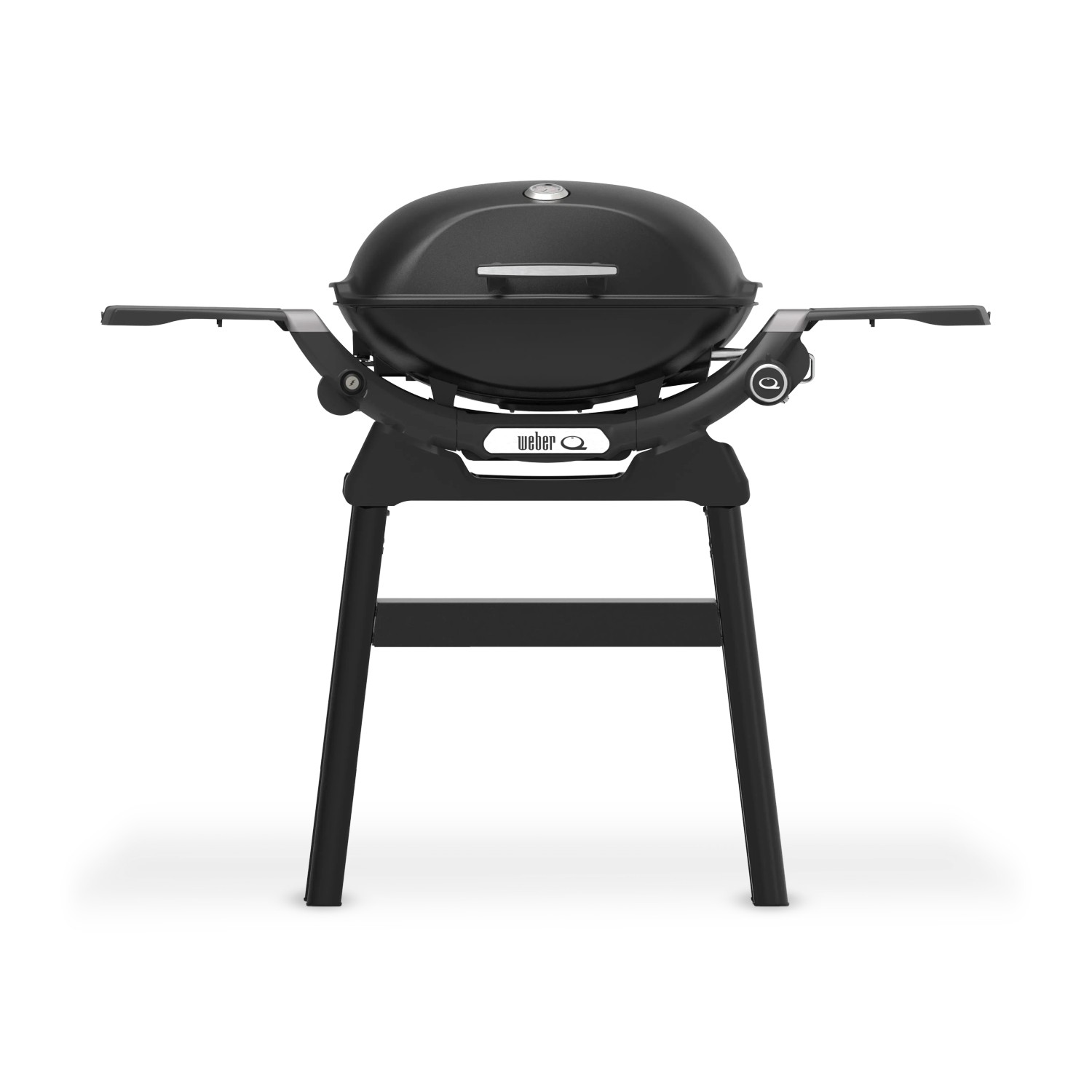 Schwarzer Weber Gasgrill Q2200N mit Stand und Seitentischen.