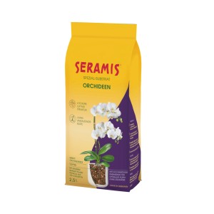 Seramis Spezial-Substrat für Orchideen, 2,5 l Sack, gelbe Verpackung mit Orchideen-Abbildung.