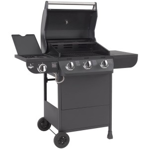 El Fuego Gasgrill Columbus mit 3 Brennern und Seitenkocher, grauer Grill mit Ablageflächen und Rädern.