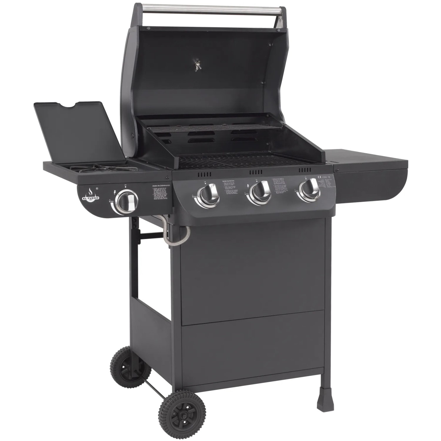 El Fuego Gasgrill Columbus mit 3 Brennern und Seitenkocher, grauer Grill mit Ablageflächen und Rädern.