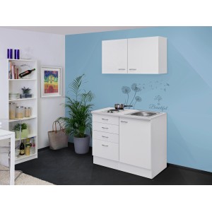 Weiße Flex-Well Miniküche "Wito" (100 cm) mit 2-Plattenkochfeld und Spüle.