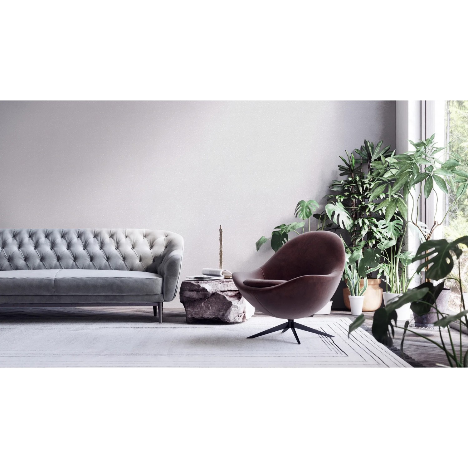 Wohnraum mit grauer Vliestapete, leicht glänzend und strukturiert, Sofa und Sessel.