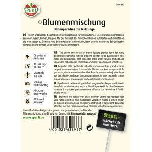 Sperli Blumenmischung Blütenparadies für Nützlinge: Saatguttüte mit Infos zu Aussaat und Blütezeit.