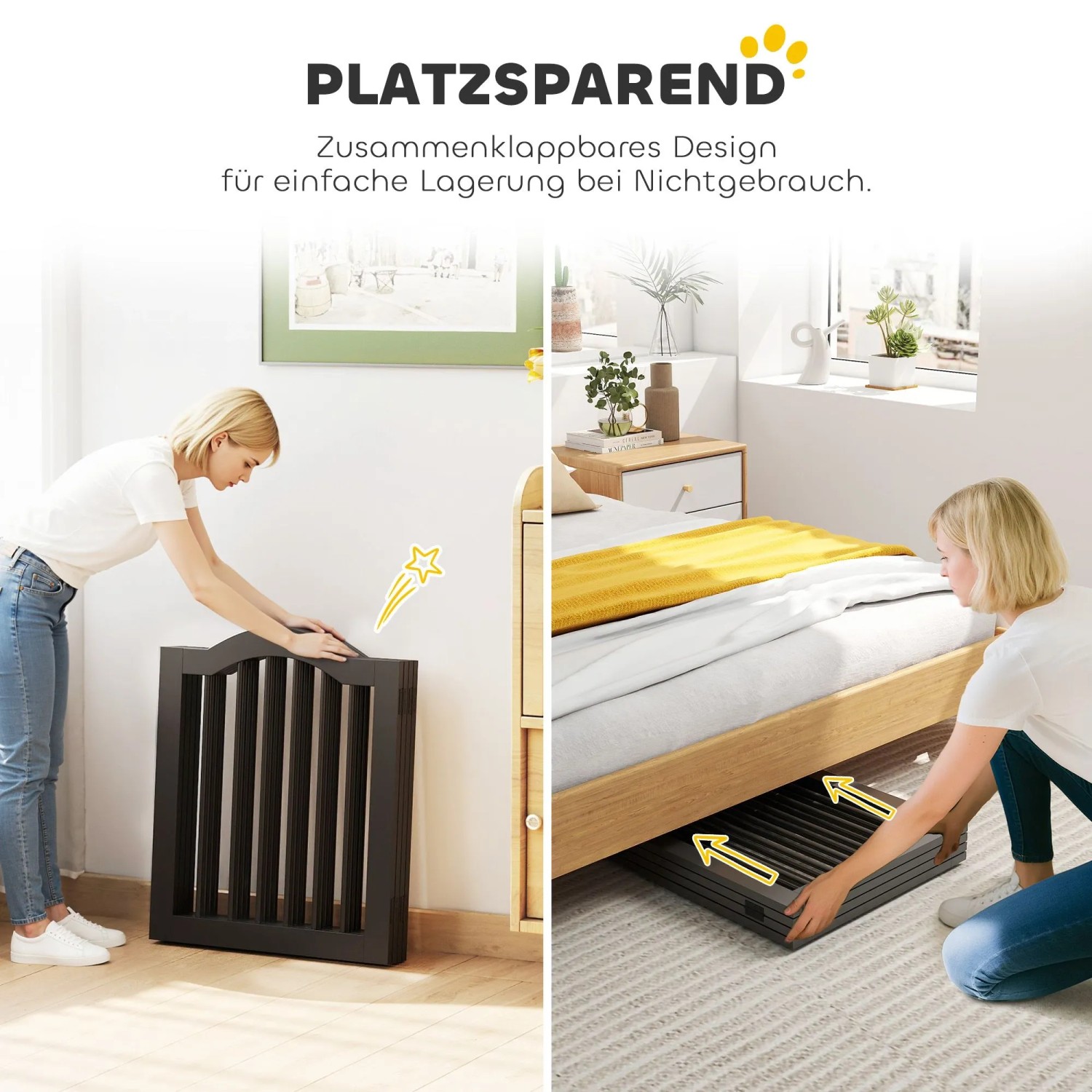 Schwarzes PawHut Hunde-Absperrgitter aus MDF, zusammenklappbar. Eine Frau faltet es und schiebt es unter ein Bett zur Lagerung.