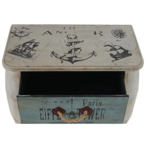 Kommode Cadiz im Shabby-Look mit Schublade, verziert mit Anker- und Paris-Motiven.