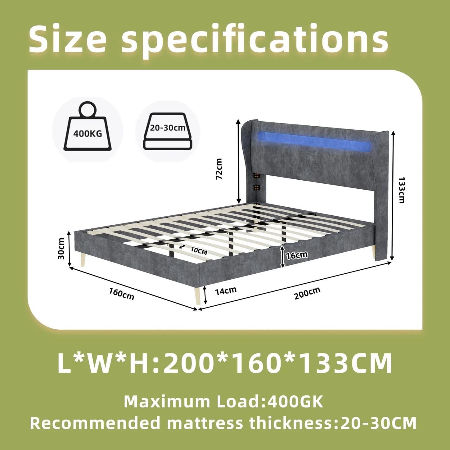 okwish Polsterbett 160x200cm mit LED Kopfteil Schlafzimmer Grau ohne Matratze_5