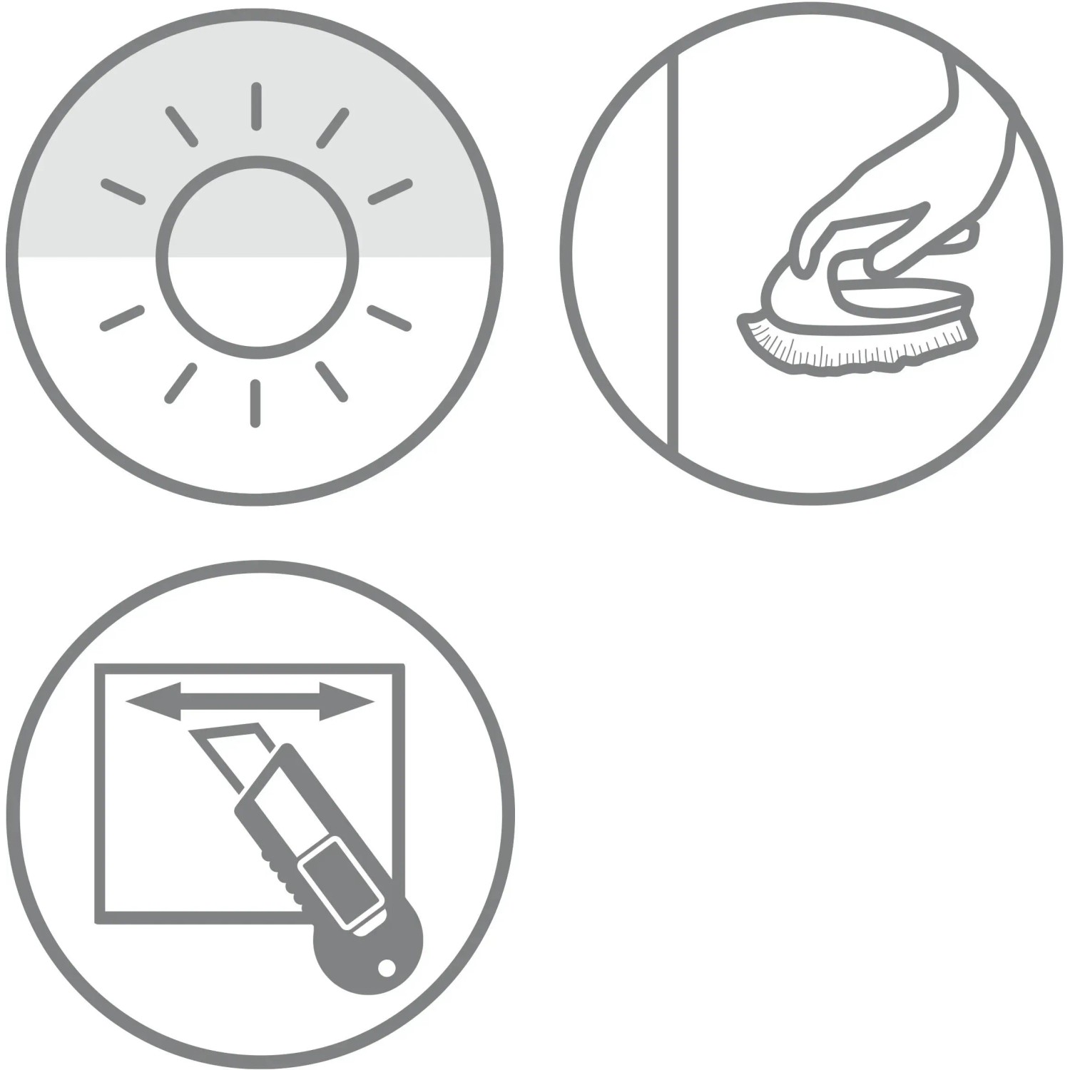 Symbole zur Montage des Schöner Wohnen Tageslicht-Rollos Tizia: Lichtdurchlässigkeit, Reinigung, Zuschnitt.