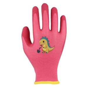 Pinker Kinderhandschuh Größe 4 mit Dino-Motiv für Gartenarbeit.