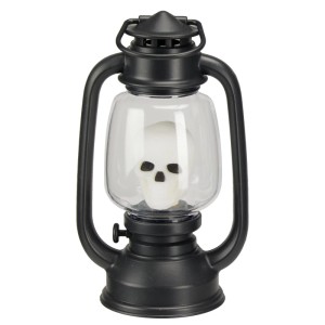 Halloween-Laterne mit LED-Licht und Sound, schwarzes Gehäuse, Totenkopf-Motiv. Ideal für gruselige Deko.