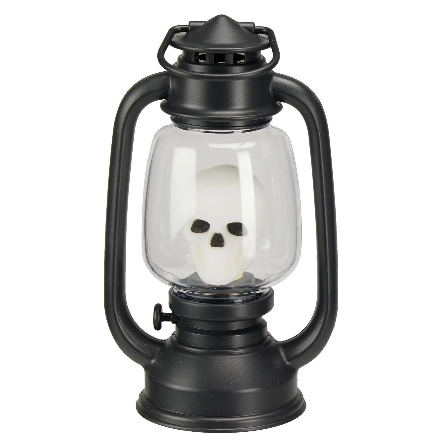 Halloween-Laterne mit LED-Licht und Sound, schwarzes Gehäuse, Totenkopf-Motiv. Ideal für gruselige Deko.