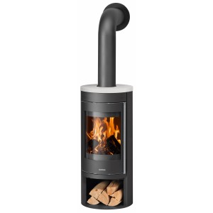 Justus Kaminofen Mino 2.0, Stahl schwarz, Abdeckplatte seidenweiß, mit Holz im Fach.