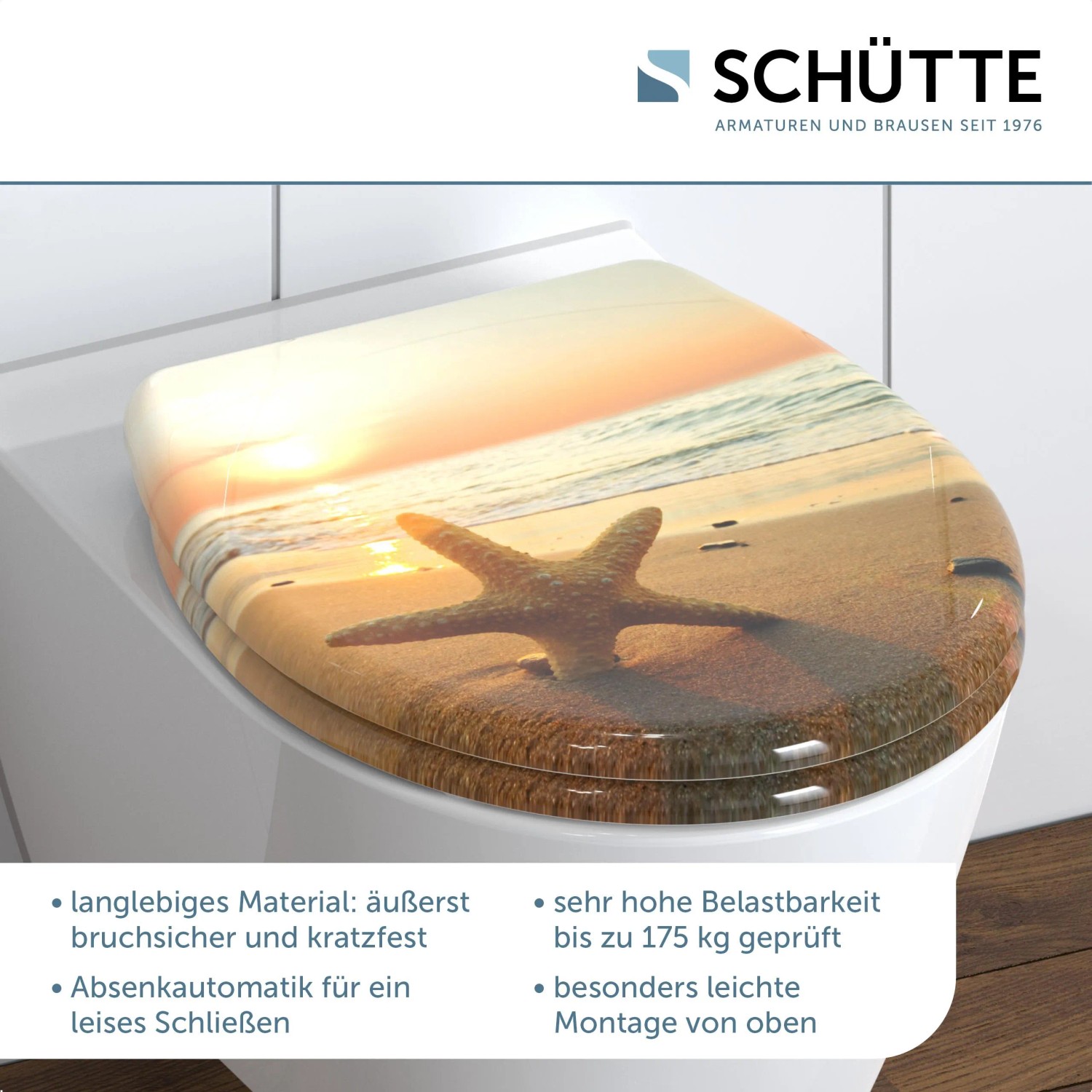 Schütte WC-Sitz Sea Star mit Strandmotiv, Absenkautomatik und Schnellverschluss.