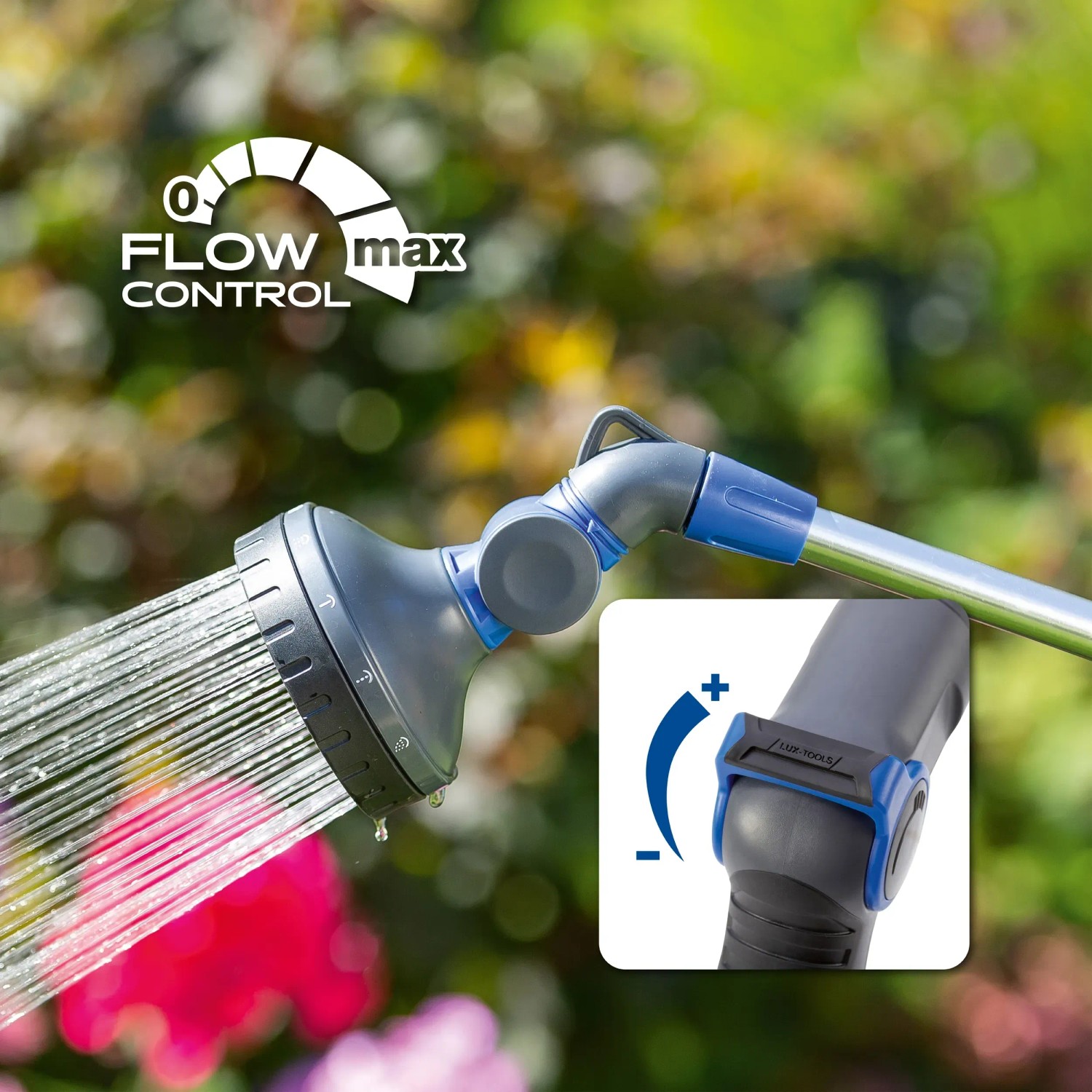 LUX Gießstab mit 10 Strahlvarianten und Flow Control für die Gartenbewässerung.