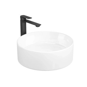 Rundes weißes Keramik Aufsatzwaschbecken mit schwarzem Wasserhahn, 35cm, glänzend, für Bad & Gäste-WC.