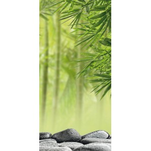 Sanowall Duschrückwand Wellness mit Bambus-Motiv und Steinen für entspannendes Duschen.