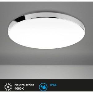 Weiße Brilo LED-Deckenleuchte Malbona mit Chromrand, Ø 35,5 cm, ideal für Bad.