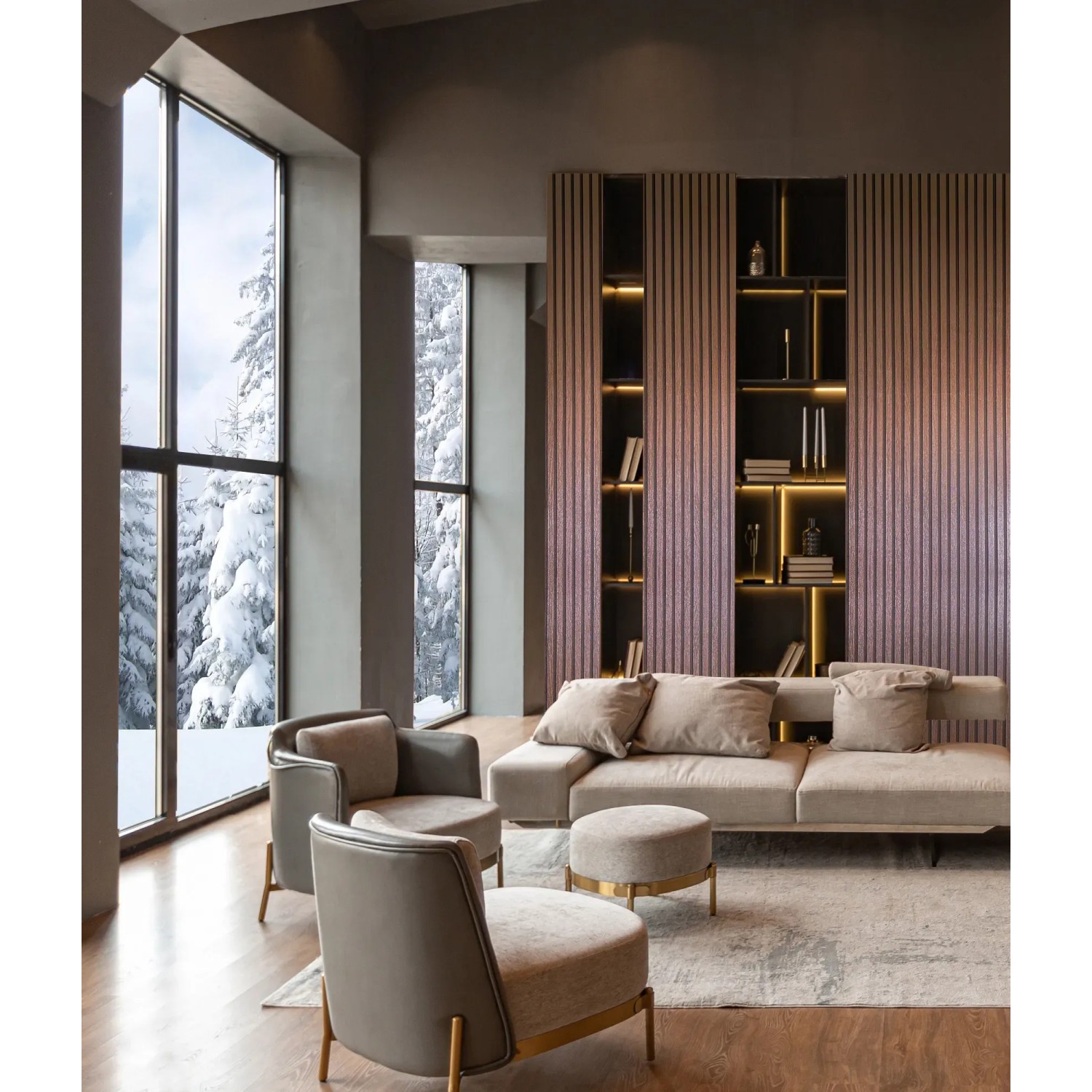 Wohnzimmer mit Marburg Vliestapete Akustikpaneel in Kupfer-Metalloptik an der Wand.